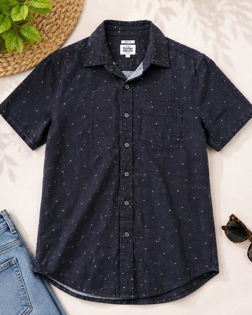 Bridge & Burn Men’s Small Linen Cotton Navy Dot Short Sleeve Shirt Slim Fit